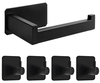 Image de Porte-papier hygiénique, porte-papier hygiénique sans perçage, porte-papier hygiénique noir avec 4 crochets autocollants, porte-papier hygiénique en acier inoxydable, porte-papier hygiénique pour la salle de bains