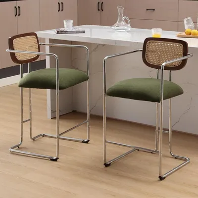 Image de Tabouret de bar - Tabouret - Chaise de cuisine - Haut tabouret - Tabouret de bar - Lot de 2 - Vert - Dos en rotin