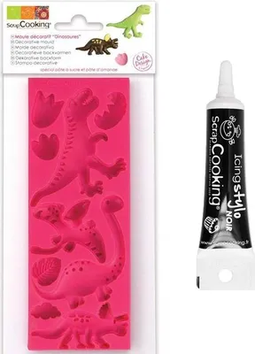 Produktbild von Schimmel Dekorationen Zuckerpaste Dinosaurier + Icing schwarzen Stift