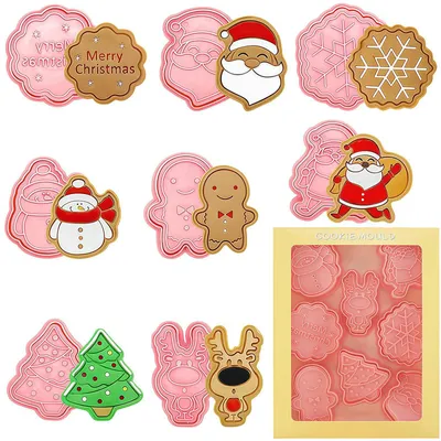 Produktbild von Weihnachtsplätzchenausstecher, 8-teilig, 3D-Weihnachtsplätzchenausstecher mit Plätzchenstempel, Ausstecher für selbstgebackene Plätzchen, Schokolade, Pralinen, Fondant und Tortendekoration