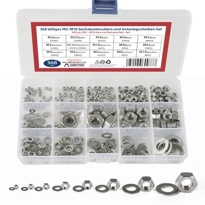 Produktbild von 368 Stück M2-10 Sechskant Muttern und Unterlegscheiben Edelstahl Schrauben Set Silber