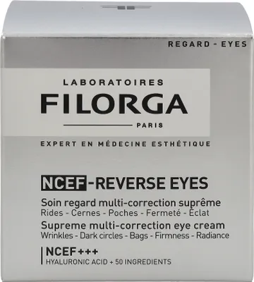 The image shows the front packaging of a Filorga NCEF-Reverse Eyes cream.