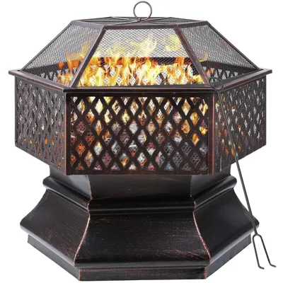 Produktbild von Feuerschale 66 cm - Holzkohlegrill Feuerstelle 4-in-1 für Garten - Gussmessing - Funkenschutz & Grillrost - Mit Abdeckung & Schürhaken