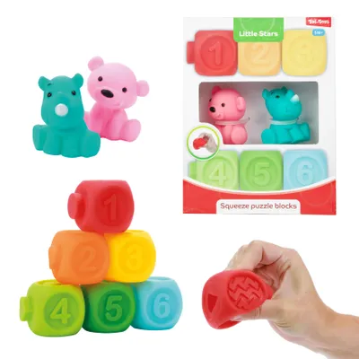 Immagine prodotto di Toi-Toys 71003A - Little Stars - 6 blocchi impilabili cigolanti per bambini e 2 animali di gomma per i più piccoli