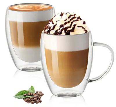 Image de Verres à café à double paroi - Avec anse - Pour latte macchiato, cappuccino, thé et café - 400 ml - Lot de 2