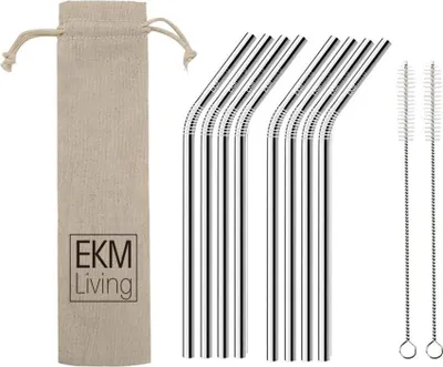 Image de EKM Living Edelstahl Strohhalme 8er Set Silber gebogen GmbH, Trinkhalme, bruchfest, wiederverwendbar, spülmaschinengeeignet, plastikfrei (Silber gebogen, 8)