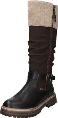 A single black and brown women's boot with a beige cuff is shown against a white background.