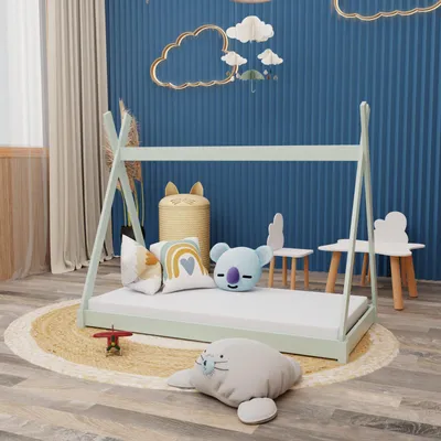 Produktbild von Montessori Kinderbett 140x70cm mint Tipi Spielbett Zeltform Holz bodentief mit Lattenrost mit 100 Matratze