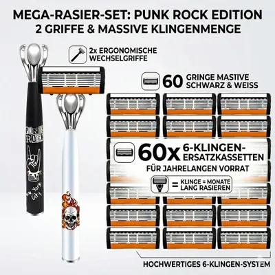 Produktbild von Raptor Rasierer Set: 2 Griffe & 60 Ersatzklingen 6-Lagen Edelstahl Nassrasur