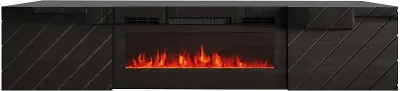A black media console with an electric fireplace.