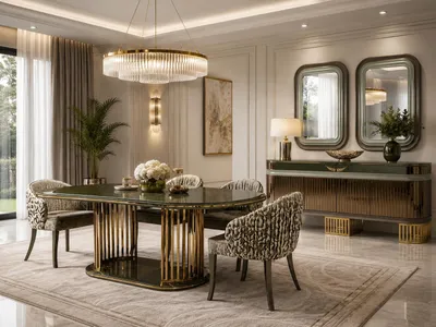 Immagine prodotto di Set elegante per la sala da pranzo, composto da tavolo, 4 sedie, credenza e specchio