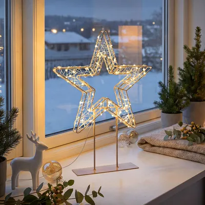 Immagine prodotto di ECD Germany, stella di Natale LED, 37 cm, decorazione natalizia con catena luminosa, stella luminosa su base, illuminazione natalizia per interni/esterni, 200 LED, luce bianca calda