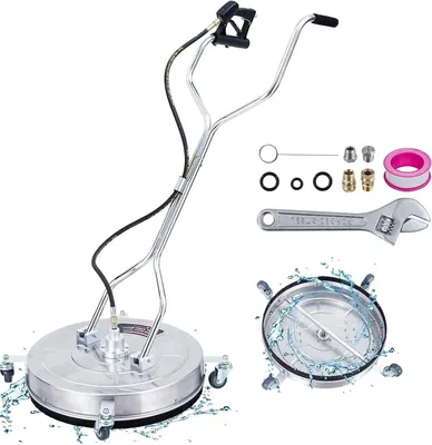 Image de Nettoyeur haute pression pour surfaces - Nettoyeur de terrasse, 61 cm - Double poignée - 4 roues - Raccord rapide d'environ 1 cm - 2 buses - Acier inoxydable, 4000 PSI - Argent