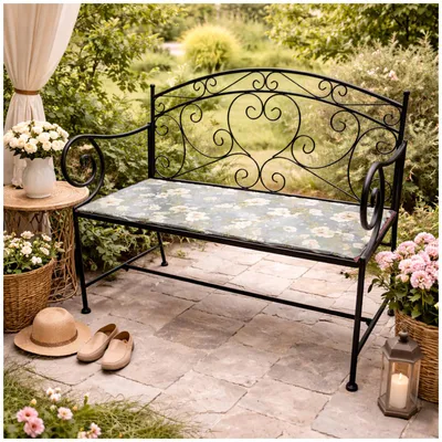 Produktbild von Gartenbank Celia Petunien Metallbank schwarz mit Motiv Sitzfläche 109 cm