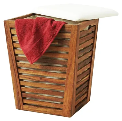 Produktbild von Relaxdays Wäschekorb mit Sitz, Badbank mit Stauraum, 50 l Wäschesammler, HBT 56x40x40 cm, Akazienholz, Stoff, braun/weiß