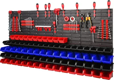 Produktbild von Lagersystem Wandregal 1544 X 780 Mm | 79 Stück Rot/Schwarz/Blau Stapelboxen + 36 Rot Werkzeughalter | Stapelboxen Wandplatten