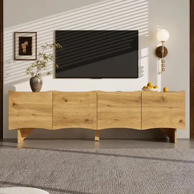 Obrázek produktu pro Moderní TV skříňka Sweiko se vzorem vln - 155 cm mediální konzole s úložným prostorem, čtyřmi dvířky a kabelovými průchodkami ve vzhledu dřeva, stylový design do obývacího pokoje