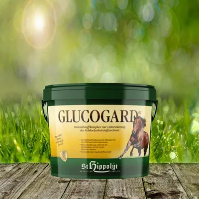 A bucket of St. Hippolyt Glucogard is placed on a wooden surface in front of a blurred background of green grass and sunlight.