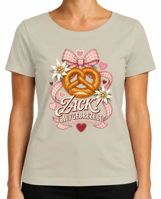 Imagen del producto de Zack! Camiseta tradicional alpina con motivos de pretzel, edelweiss, lederhosen y dirndl. Camiseta para mujer, color natural, talla XL