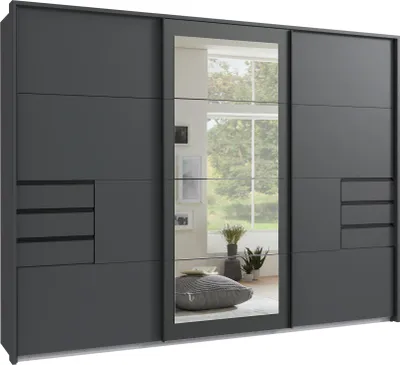 Produktbild von Schwebetürenschrank Kleiderschrank 273cm 3-trg. Passepartout Schubladen Spiegel Grafit / 22504