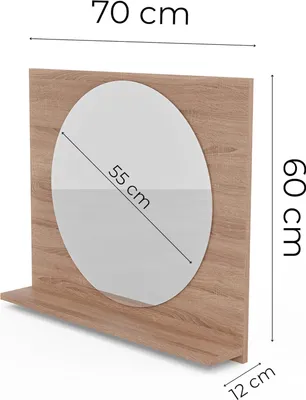 A wooden shelf with a round mirror mounted on it, with dimensions indicated.