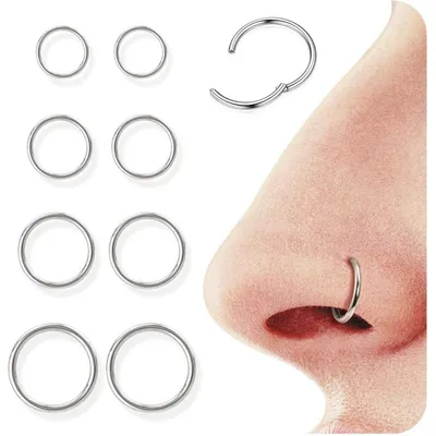 Obrázok produktu pre Sada piercingových krúžkov Nasenpiercing, 8 kusov, 16G/18G, chirurgická oceľ, vhodné pre piercing nosa (septum), ucha (helix, conch, tragus, daith). Dostupné farby: zlato, striebro, čierna. Priemer: 6 mm – 12 mm
