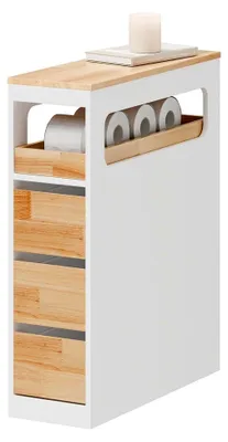 Produktbild von Schmaler Badezimmerschrank mit 3 Schubladen – Platzsparender Badschrank auf Rollen, stabile Struktur, geeignet für Badezimmer, WC und Küchenaufbewahrung, Weiß, 65x23x82cm