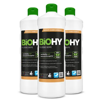 Produktbild von BiOHY Flüssig Seife, Flüssige Handseife, Gesichtsseife, Sensitive Waschlotion – 3er Pack (3 x 1 Liter Flasche)