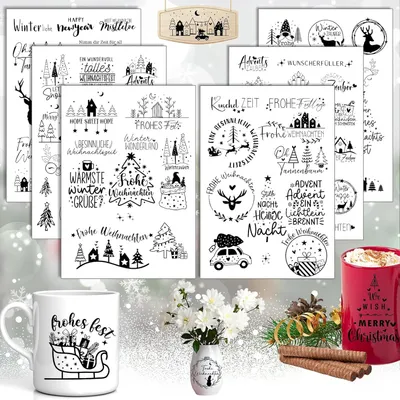 Produktbild von Rub On Sticker Set (6 Stück) – A5 Weihnachten Rub On Aufkleber, Ideal zum Transfer auf Möbel, Glas, Holz und für Scrapbooking