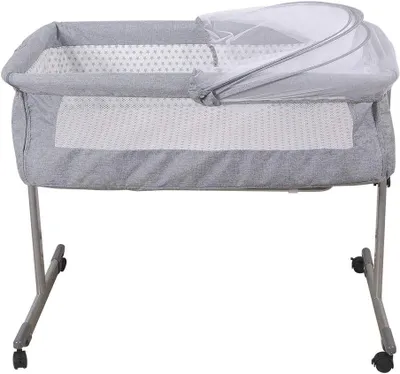 Produktbild von Klappbare Babywiege, Stubenwagen, Reisebett und Beistellbett mit Schaukelfunktion, Moskitonetz, Matratze und Tasche (96 * 57 * 77cm (grau))