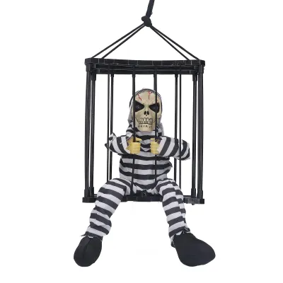 Produktbild von Halloween Schädel Käfig Dekoration – Gruseliger Gefangener mit leuchtenden Augen, schreiendem Geist & batteriebetriebenem Kapuzen-Gespenst