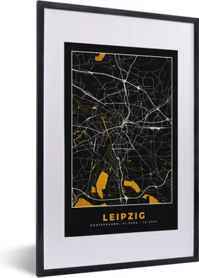 Produktbild von MuchoWow® Gerahmtes Poster Leipzig - Gold - Stadtplan - Deutschland - Karte 40x60 cm - Poster mit Schwarzem Bilderrahmen Wandposter Rahmen Foto Bilder - Poster in Rahmen
