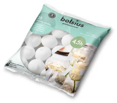Imagen del producto de Bolsius, velas flotantes para piscina, 4,5 horas de duración, 20 unidades, color blanco