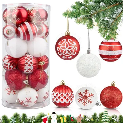 Image de Boules de Noël, 24 pièces, en plastique avec paillettes, rouge et blanc, décorations pour arbre, fête, maison