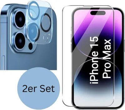 A collage showing a phone's camera lens protector and a screen protector for an iPhone 15 Pro Max.