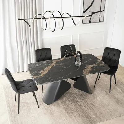 Produktbild von Keramik-Esstisch ausziehbar Velto 160–240 cm – Schwarze Marmoroptik – Schwarzes Metallgestell
