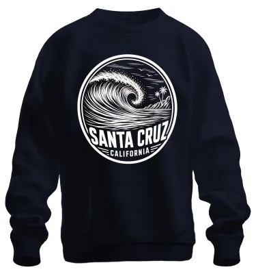 Imagen del producto de Sudadera con cuello redondo, diseño de olas de surf, palmeras, océano y playa, color azul marino, talla M. (Santa Cruz, California)