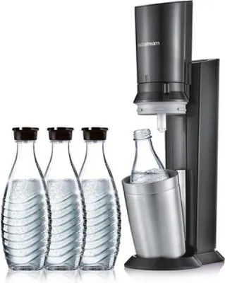 A SodaStream sparkling water maker with three bottles of water.