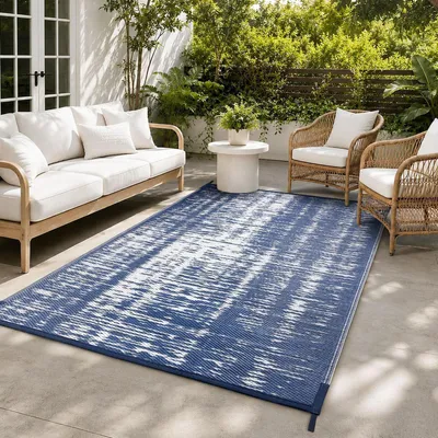 Immagine prodotto di Tappeto da esterno resistente alle intemperie, ideale per campeggio o balcone, colore blu e bianco, dimensioni 120x180 cm