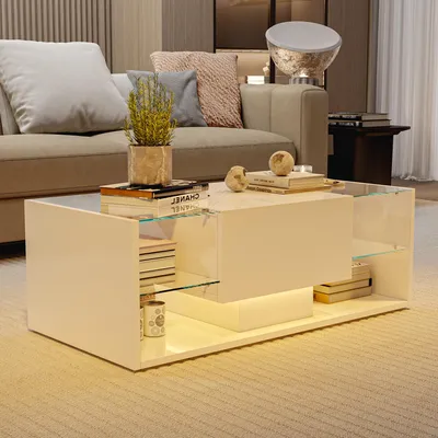 Produktbild von ProximaX Moderner Couchtisch in Weiß mit LED-Beleuchtung und Ablagefächern – schwebendes Design mit großzügigem Stauraum, ideal für Wohnzimmer und moderne Einrichtungen