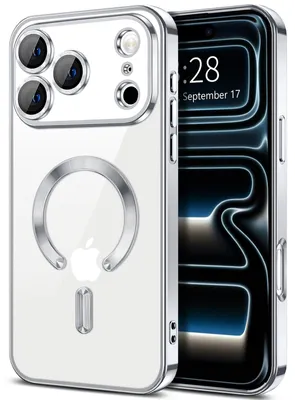 Obrázek produktu pro Měkké průhledné magnetické pouzdro pro iPhone 17 Pro Max, kompatibilní s MagSafe, s ochranou fotoaparátu, galvanicky pokovené TPU Stříbro