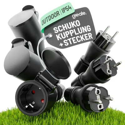 Produktbild von greate 230V Schuko Stecker Kupplung Set - 3x Schuko Kupplung + 3x Schuko Stecker wasserdicht nach IP54