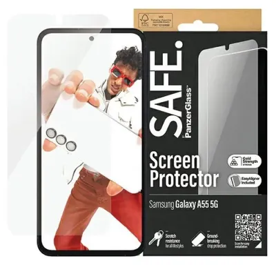 Obrázek produktu pro PanzerGlass SAFE. by ® Screen Protector Samsung Galaxy A55 5G | Ultra-Wide Fit w. EasyAligner, Samsung, Samsung - Galaxy A55 5G, Aplikace nasucho, Odolné proti poškrábání, Odolný proti nárazům, Průhledná, 1 kusů