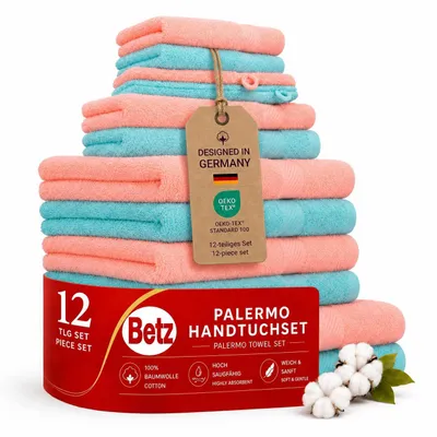 Produktbild von Betz 12-TLG. Handtuch-Set Palermo 100% Baumwolle 2 Liegetücher 4 Handtücher 2 Gästetücher 2 Seiftücher 2 Waschhandschuhe Farbe apricot und türkis