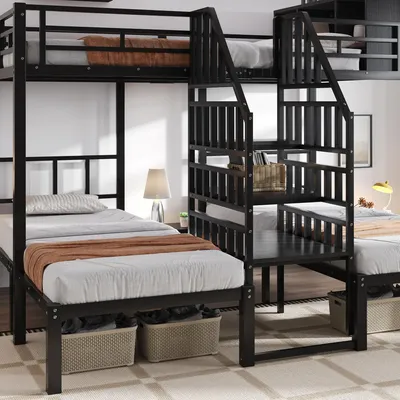 Obrázek produktu pro okwish patrová postel 90x200/140x200 kovová postel pro tři osoby (2 nahoru, 1 dolů), rám postele se schody se zábradlím, postel pro mládež bez matrace, černá