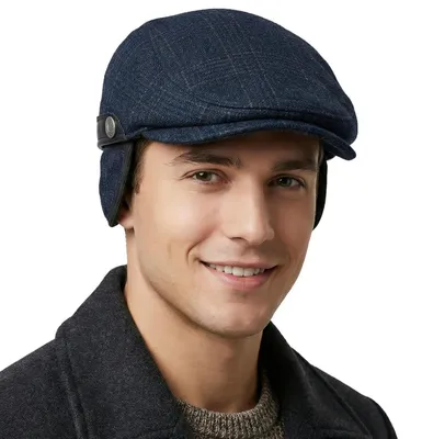 Produktbild von Schiebermütze Herren Winter Warme Barett Cap mit Ohrenklappen Marineblau Raster