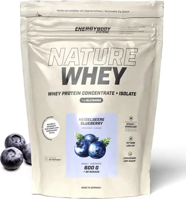 Produktbild von Energybody Nature Whey Heidelbeere, Proteinpulver ohne künstliche Verdickungsmittel, Whey Isolat und Konzentrat, 600 g Beutel
