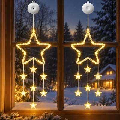 2er-Set Weihnachtsdeko Fenstersterne, warmweiße LEDs, Saugnäpfe
