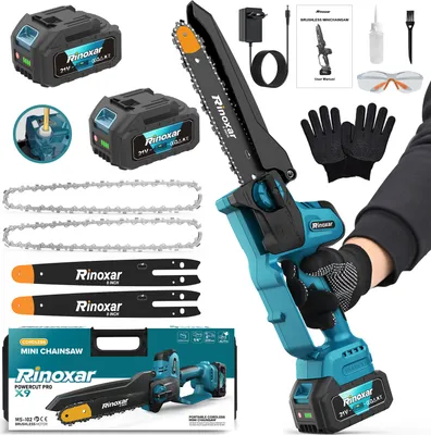 A collection of items for a mini chainsaw kit, including the chainsaw, batteries, chains, guide bars, and accessories, laid out on a white background.