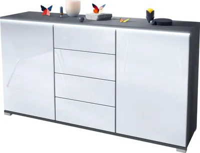 Produktbild von Vladon Sideboard Faro V1 - Kommode mit 2 Türen & 4 Schubladen, Schrank mit LED Lichtleiste, Anthrazit matt / Weiß Hochglanz (138,5 x 75,5 x 35)